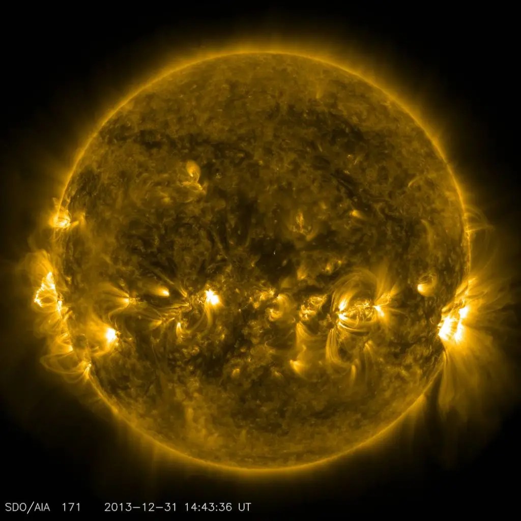 This image, taken on Dec. 31, 2013 by the AIA instrument on NASA’s Solar Dynamics Observatory at 171 Angstrom, shows the current conditions of the quiet corona and upper transition region of the Sun.