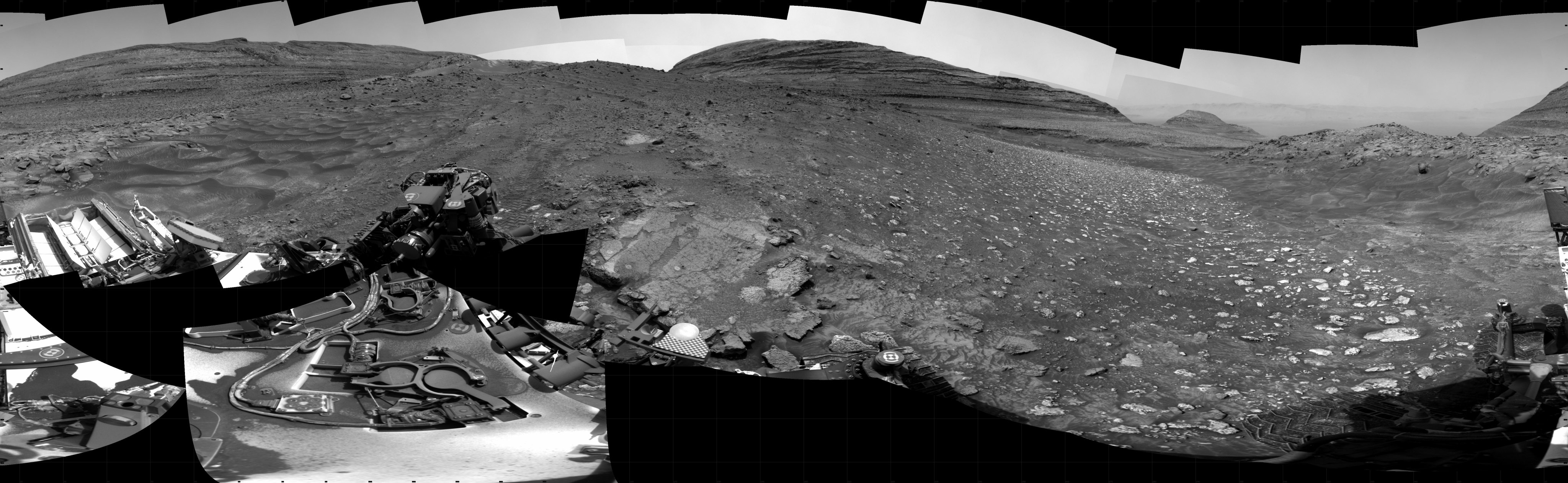 NASA's Mars rover Curiosity took 41 images in Gale Crater using its mast-mounted Right Navigation Camera (Navcam) to create this mosaic. The seam-corrected mosaic provides a 360-degree cylindrical projection panorama of the Martian surface centered at 195 degrees azimuth (measured clockwise from north).