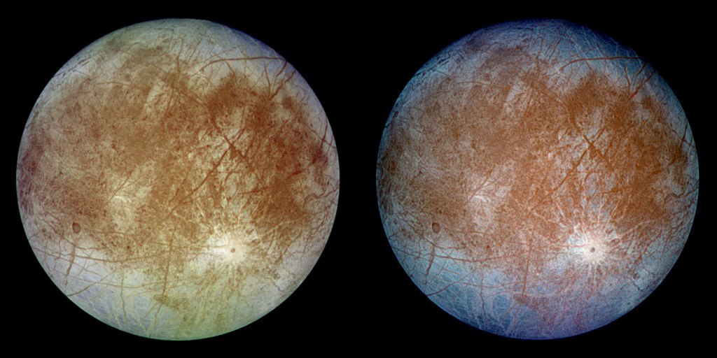 Two views of Europa in different colors.