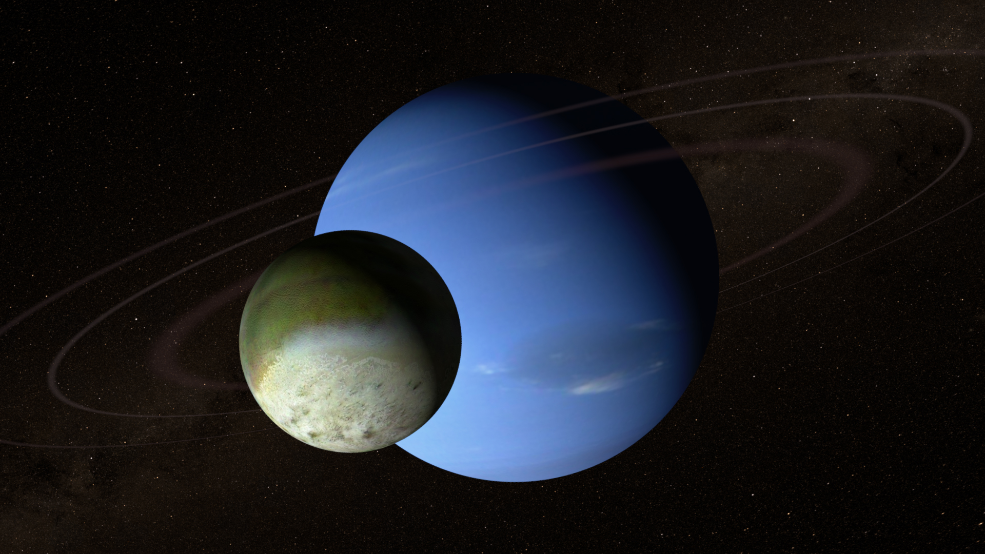 A tan sphere is shown blocking out a portion of the blue sphere of Neptune in the background. Faint elliptical rings surround the blue orb.