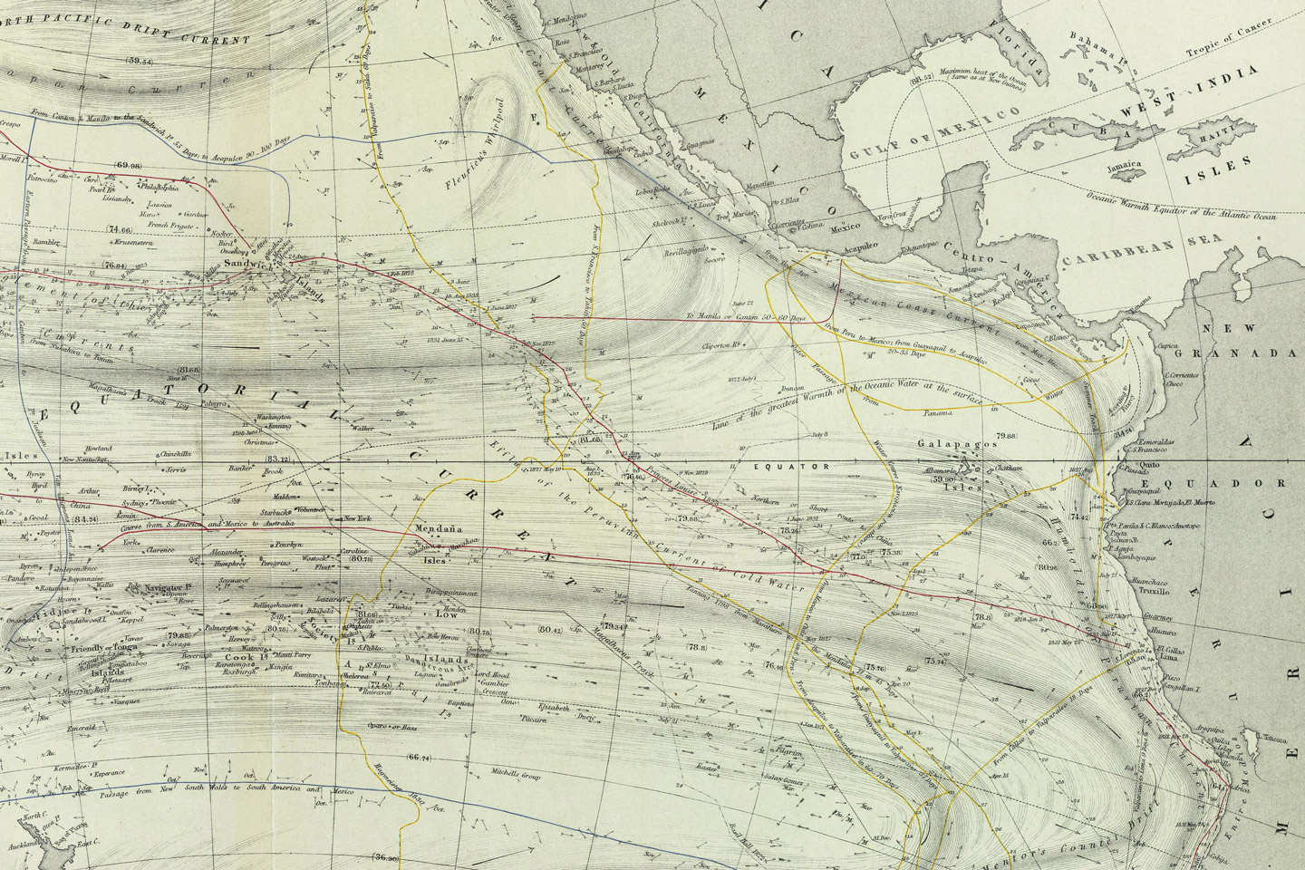 This 1856 map by Alexander Keith Johnson depicts temperatures, currents, and ship routes in the eastern Pacific, as they were known at the time.