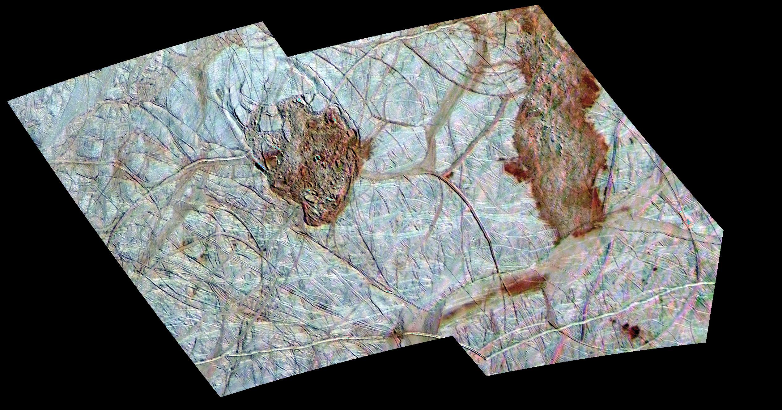 Two images of Europa's surface appear to overlap each other on a black background. The images show regions with dark, reddish terrain.