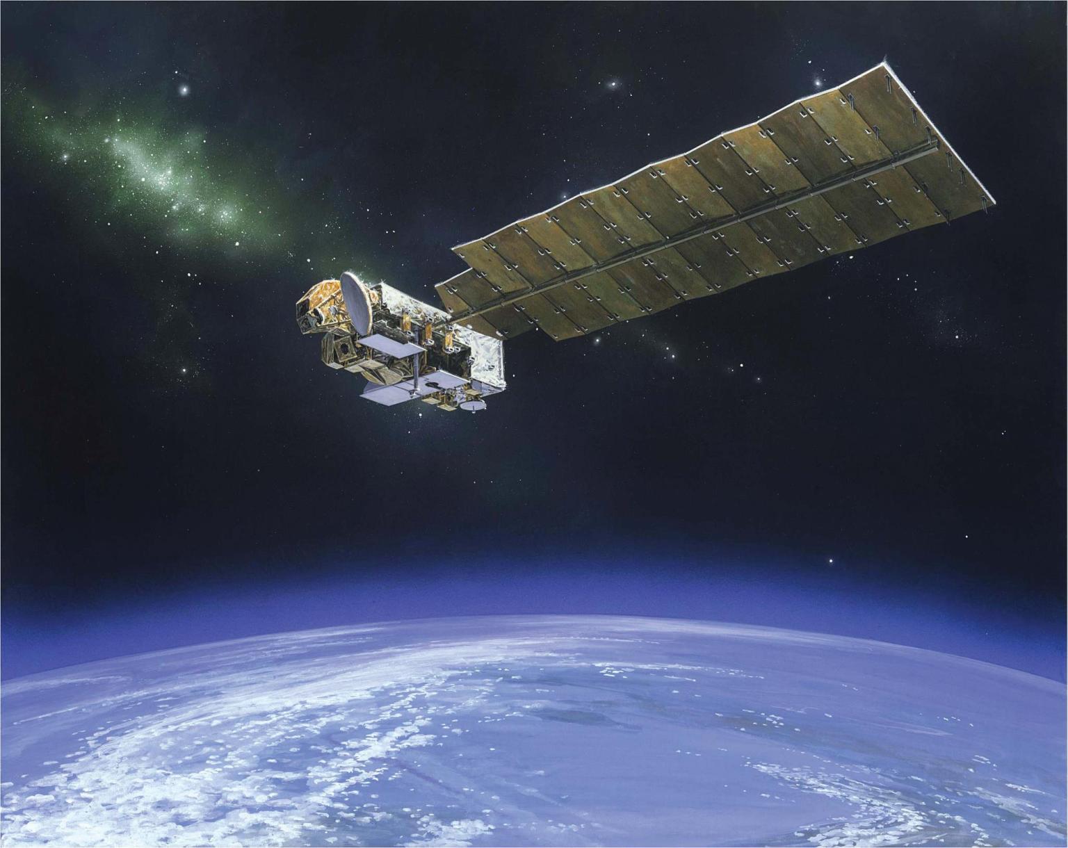 This image is an animated version of the Aura satellite in orbit. The satellite, seen centered in the image, is made up of silver and gold box-like shapes and instruments. Spanning out to the right of the satellite is a long sheet of solar panels. In the background of the image at the bottom is a portion of Earth seen with clouds and a blue haze surrounding it. The top of the background is the deep black of space, with a cluster of green colored stars to the left.