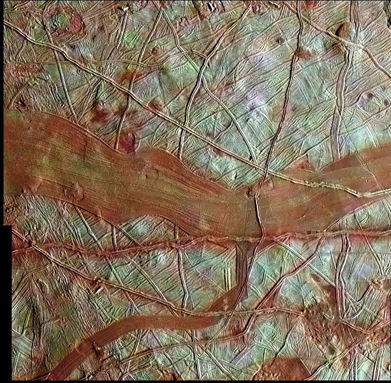 Reddish bands streak across Europa's surface