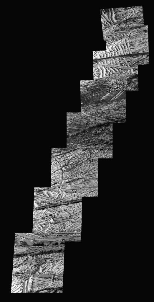 A series of detailed images of the surface of Europa.