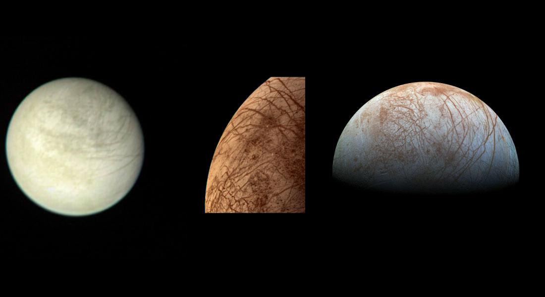 Images of Europa from three different spacecraft.