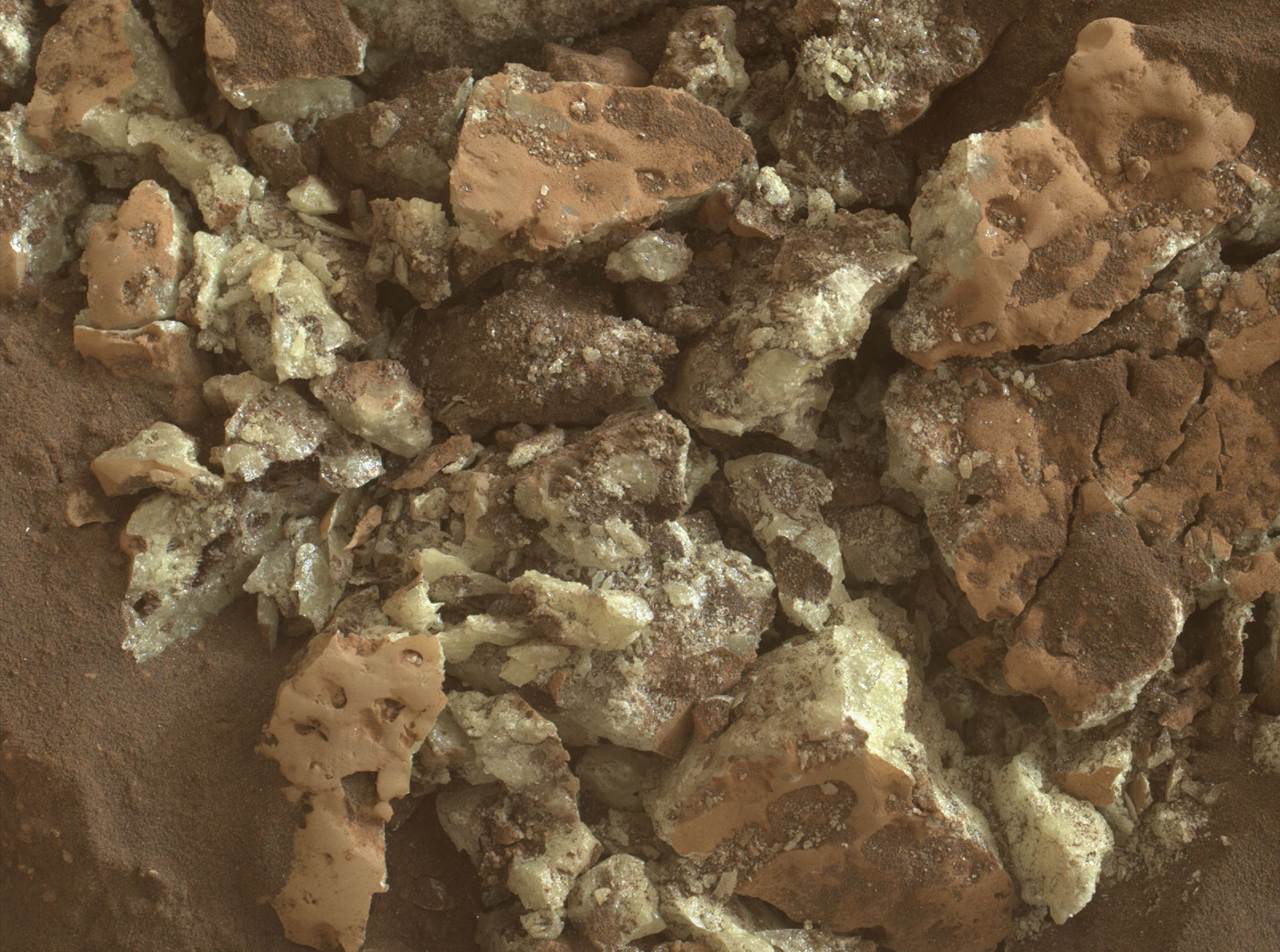 These sulfur crystals were found inside a rock after NASA’s Curiosity Mars rover happened to drive over it and crush it on May 30, 2024, the 4,200th Martian day, or sol, of the mission. This image was captured by Curiosity’s Mars Hand Lens Imager (MAHLI), a camera on the end of its robotic arm, on June 4, 2024, the 4,205th Martian day, or sol, of the mission.