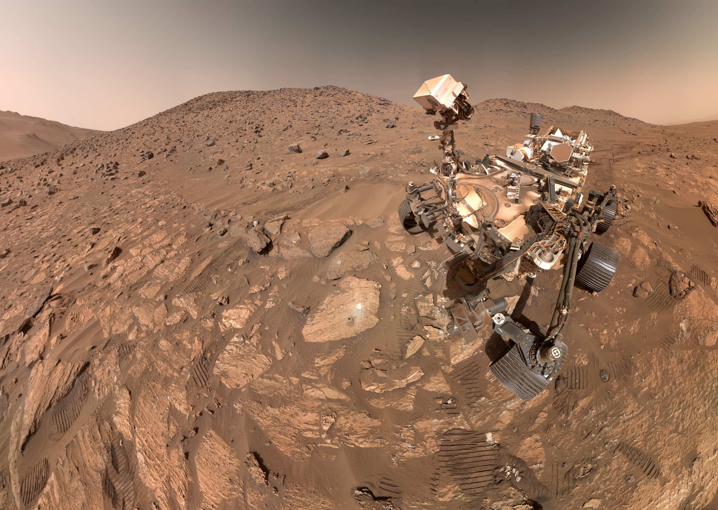 NASA’s Perseverance Mars rover took this selfie, made up of 62 individual images, on July 23. A rock nicknamed “Cheyava Falls,” which has features that may bear on the question of whether the Red Planet was long ago home to microscopic life, is to the left of the rover near the center of the image.