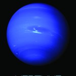 A full disk view of the planet Neptune, with the Great Dark Spot and some wispy white clouds, is visible.