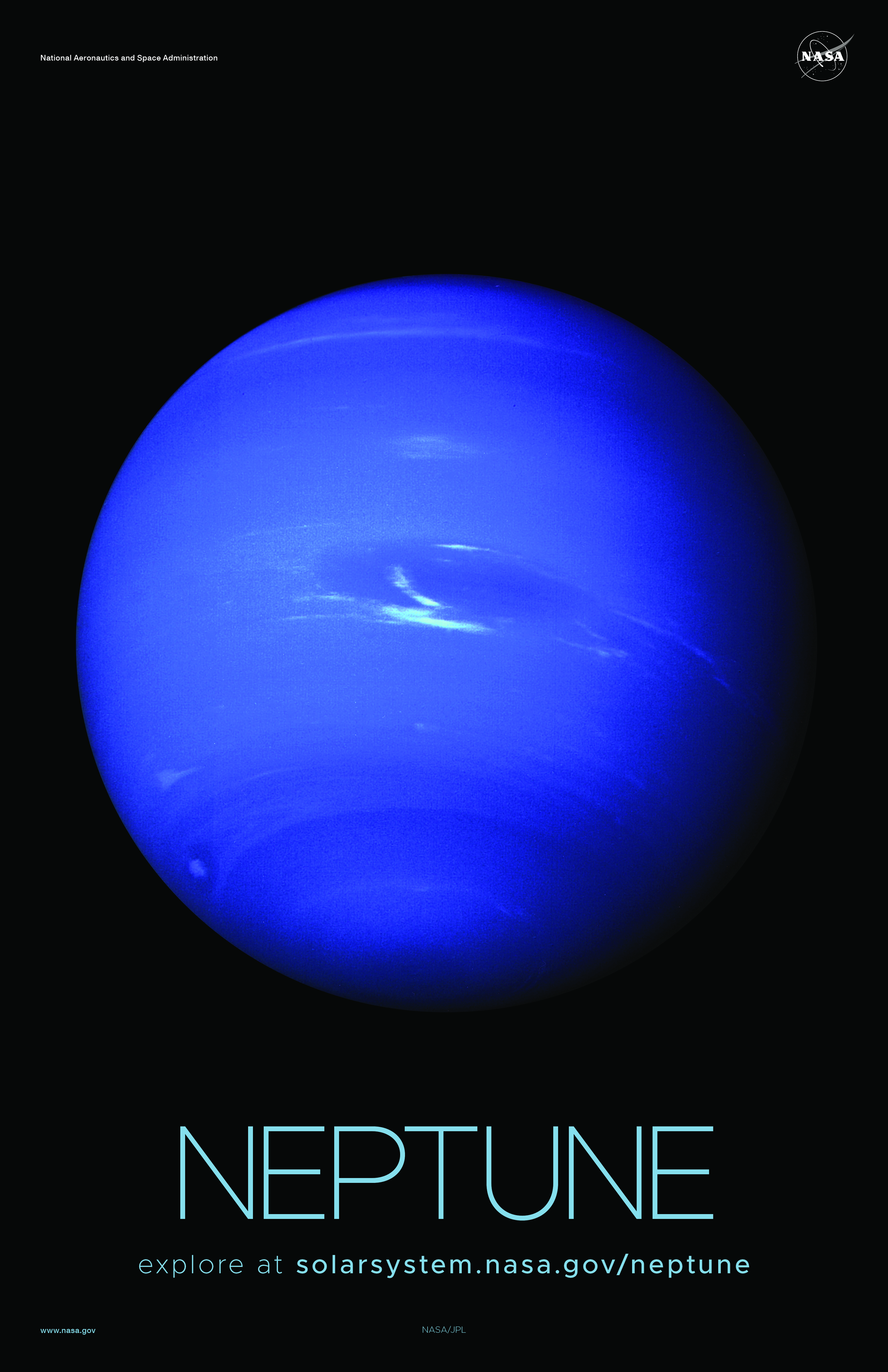 A full disk view of the planet Neptune, with the Great Dark Spot and some wispy white clouds, is visible.