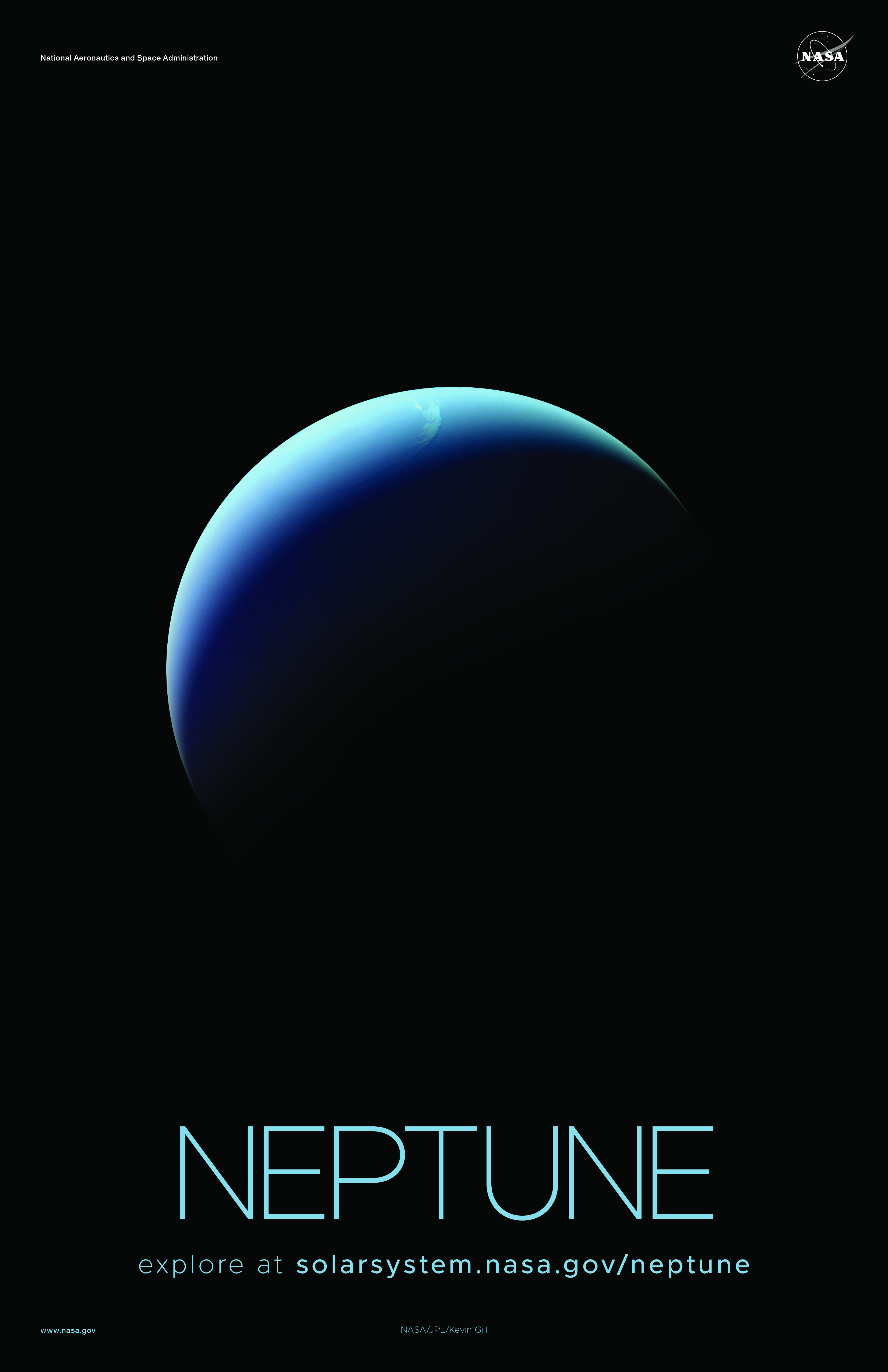 A crescent view of the planet Neptune is shown with a black backdrop.