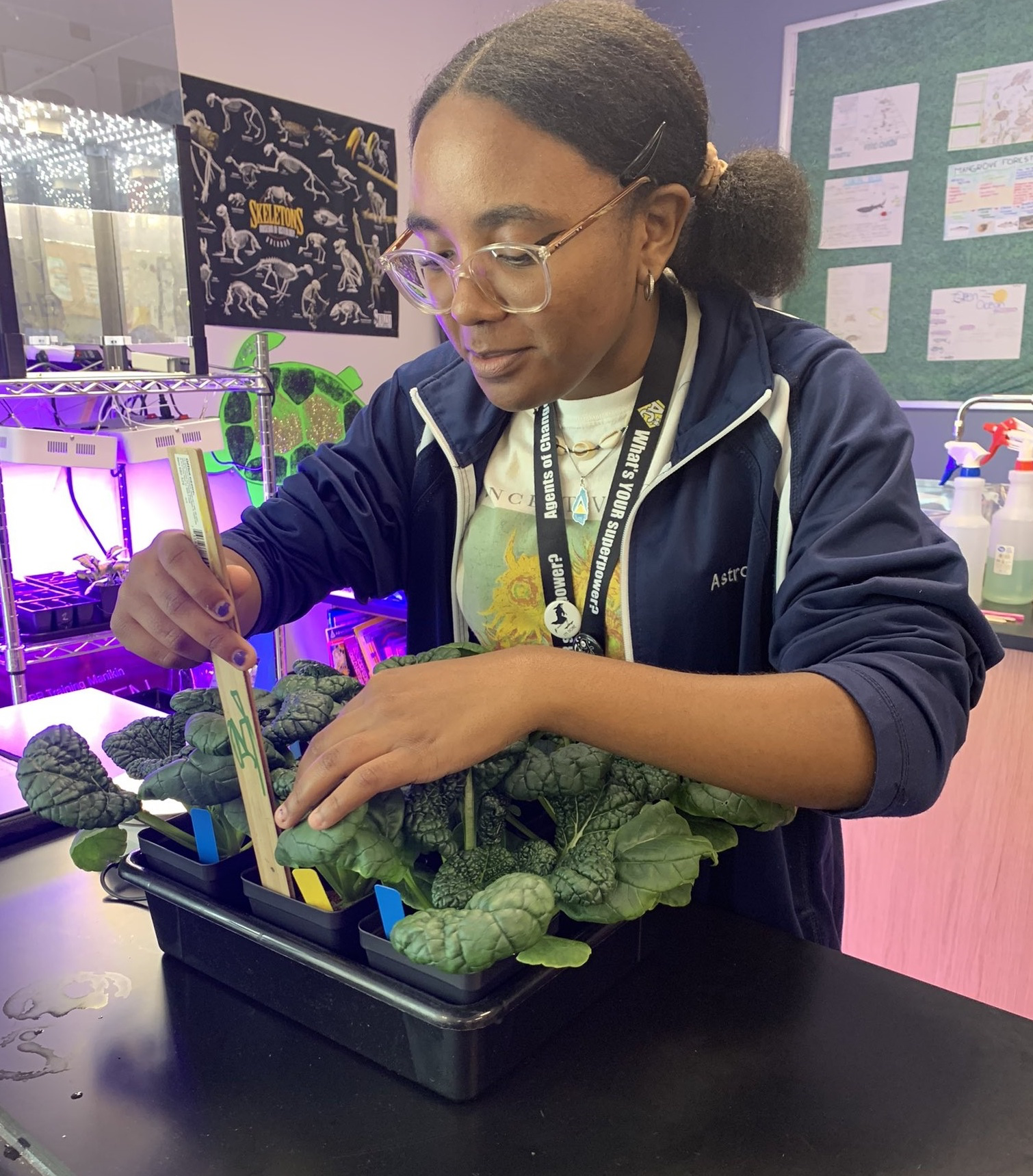 A young scientist is measuring the growth of plants in a laboratory setting. She is wearing glasses, a navy blue jacket, and a lanyard around her neck. She uses a wooden ruler to measure the height of leafy green plants growing in a black tray under bright LED lights. The background shows various scientific posters and equipment, including a shelf with additional plants and grow lights.