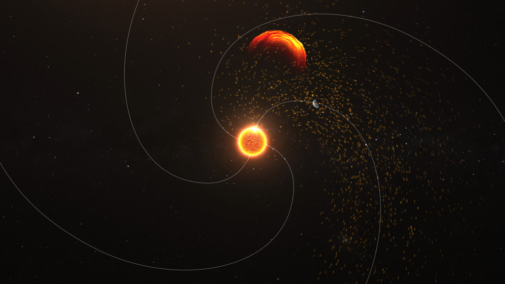 A visualization shows the Sun at center with four magnetic field lines swirling away from it like a pinwheel. Earth appears to the upper right of the Sun along one of the field lines. A spray of yellow particles extends from the Sun to Earth and beyond. Above but detached from the Sun, a curved reddish cloud of gas represents a coronal mass ejection traveling outward into space.