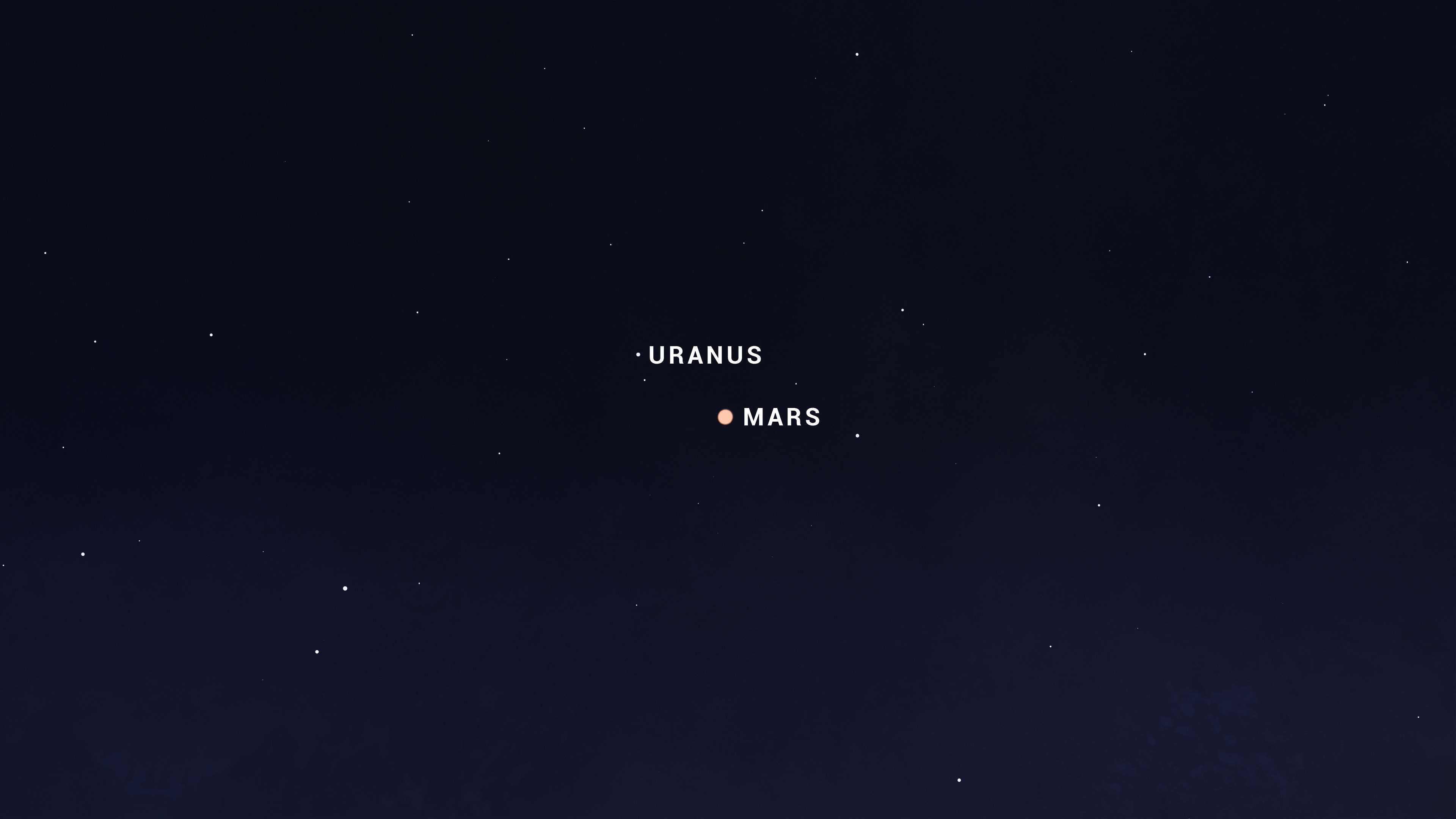 An illustrated sky chart shows a zoomed-in view, like what binoculars would reveal. The planets Mars and Uranus are pictured as small white dots among a handful of stars, with Uranus located at the 10 o'clock position above Mars. Mars is a reddish-colored dot that appears larger than Uranus, due to the former's greater brightness.
