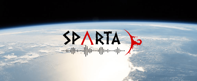 Logo for the SPARTA Space Weather Center of Excellence overlaid on a photograph of Earth from space.