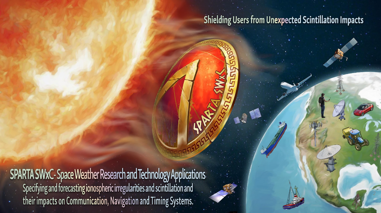 Infographic illustrating a shield protecting Earth from the Sun's rays. Test on the image reads "Shielding Users from Unexpected Scintillation Impacts," and "SPARA SWxC - Space Weather Research and Technology Applications: Specifying and forecasting ionospheric irregularities and scintillation and their impacts on Communication, Navigation, and Timing Systems."