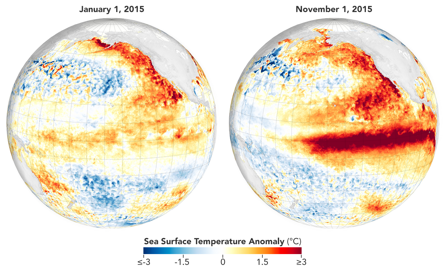 El Niño is associated with above-average equatorial sea surface temperatures. El Niño's signature warmth is apparent in the November 2015 map.