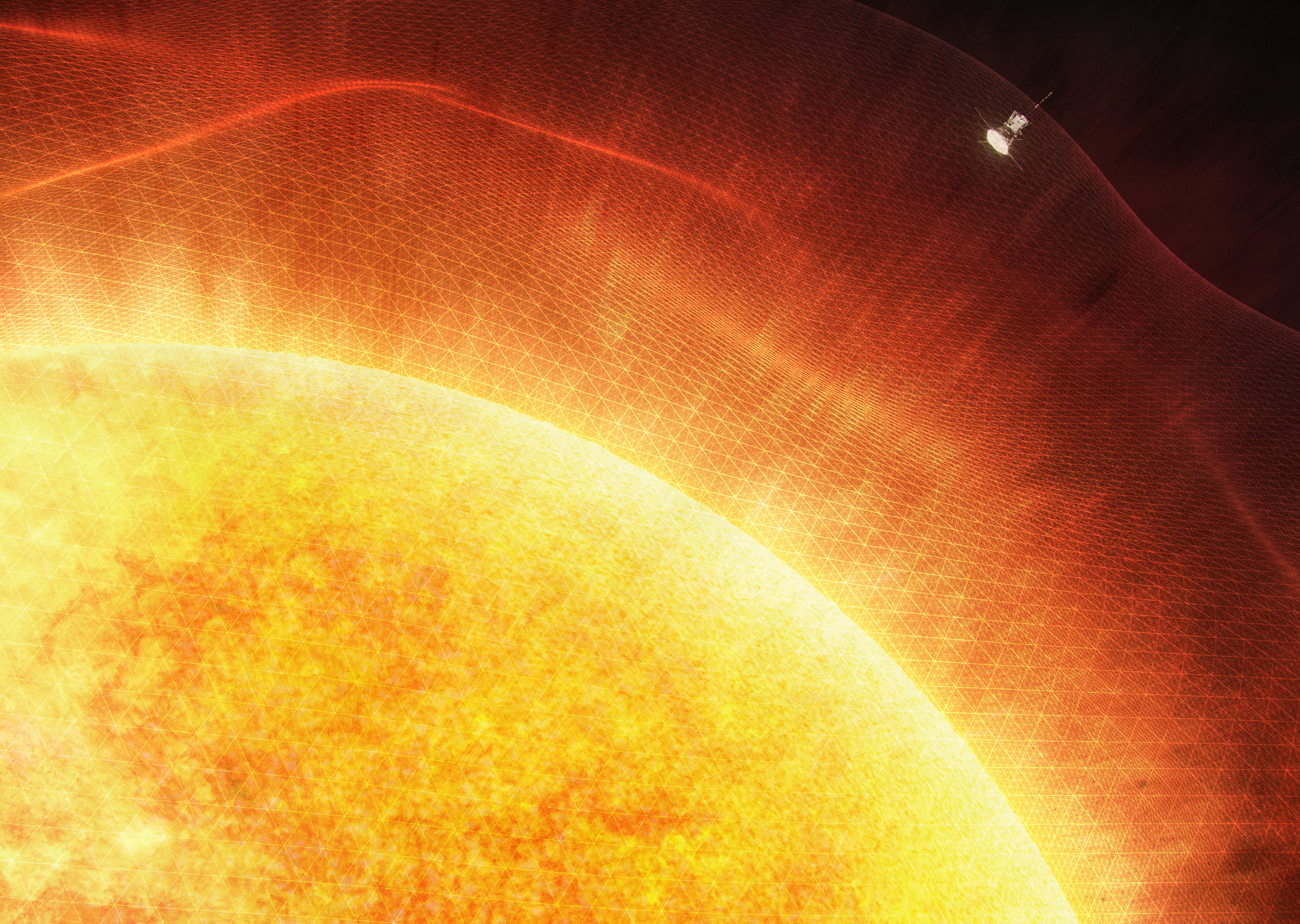 A large portion of the Sun fills most of the image, with black space in the top right corner. Surrounding the Sun is a model of the solar atmosphere, appearing net-like. The Parker Solar Probe spacecraft appears small and is flying into the atmosphere in the upper right.