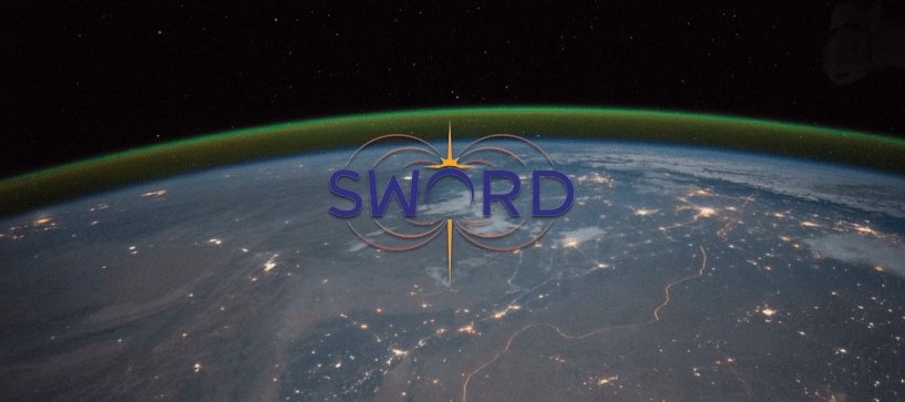 Logo for the SWORD Space Weather Center of Excellence overlaid on a photograph of Earth and its atmosphere from space.