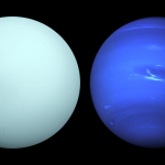 A light blue-green circle represents the planet Uranus (at left). A dark blue circle with white wispy clouds at the center represents the planet Neptune (at right).