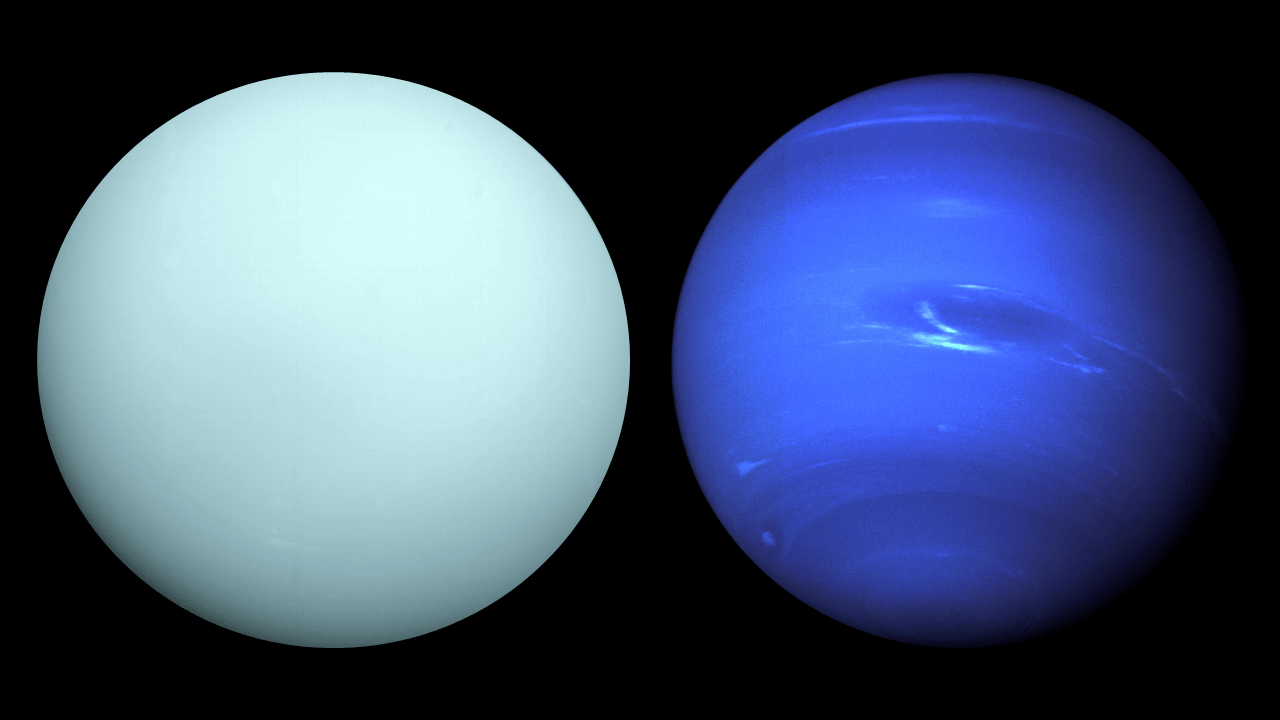 A light blue-green circle represents the planet Uranus (at left). A dark blue circle with white wispy clouds at the center represents the planet Neptune (at right).