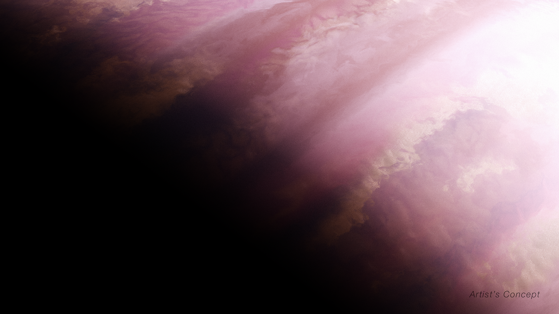 Illustration of a planet, zoomed in on the planet’s dayside/nightside boundary. The planet encompasses takes up the full image. At the bottom left, the image is dark, depicting the nightside covering the planet in a dark shadow. In the right side of the image, the planet has a fuzzy orange-pink atmosphere with hints of latitudinal wispy cloud bands. The right upper corner is bright, where the star (not illustrated) shines.