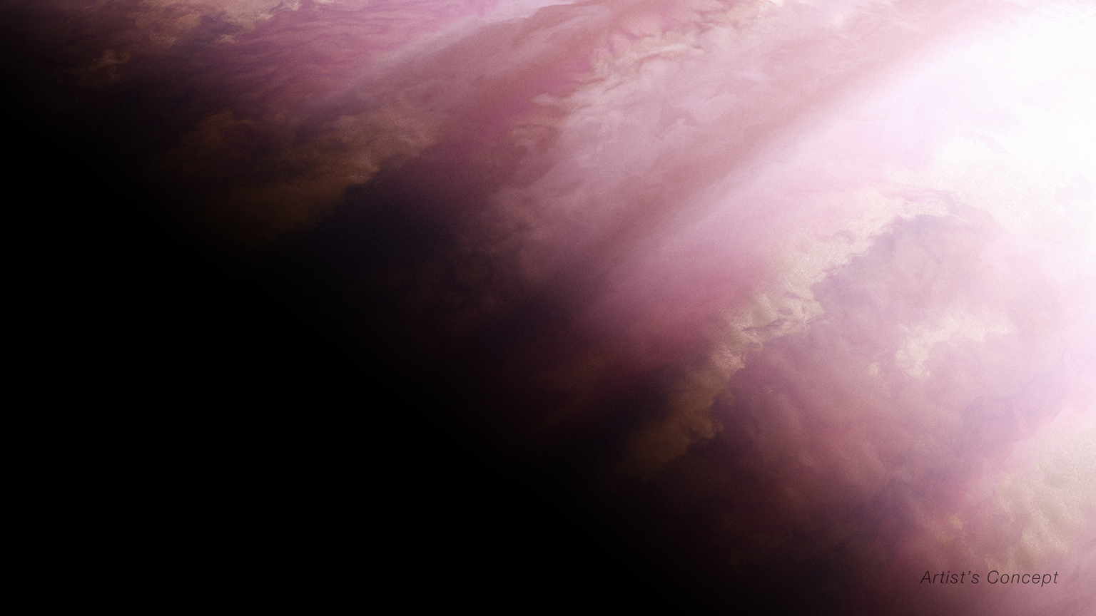 Illustration of a planet, zoomed in on the planet's dayside/nightside boundary. The planet encompasses takes up the full image. At the bottom left, the image is dark, depicting the nightside covering the planet in a dark shadow. In the right side of the image, the planet has a fuzzy orange-pink atmosphere with hints of latitudinal wispy cloud bands. The right upper corner is bright, where the star (not illustrated) shines.