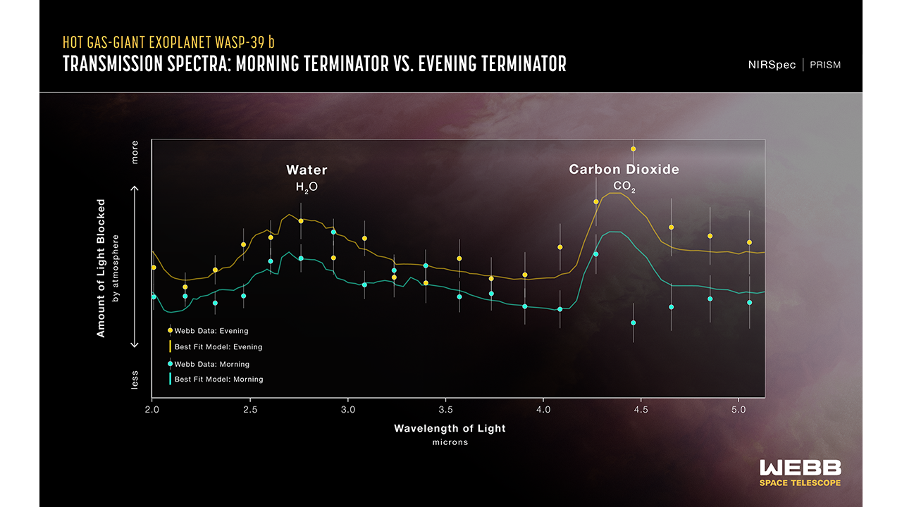 Graphic titled “Hot Gas-Giant Exoplanet WASP-39 b Transmission Spectrum: Morning Terminator vs. Evening Terminator” has two sets of data points with error bars and a best-fit model for each on a graph of Amount of Light Blocked on the y-axis versus Wavelength of Light in microns on x-axis. Y-axis ranges from less light blocked at bottom to more light blocked at top. X-axis ranges from 2.0 to 5.2 microns. Webb NIRSpec data consists of 38 points plotted in yellow and green, the best-fit model for each are jagged yellow and green lines with several broad peaks and valleys. Two features are labeled. From left to right: Water H2O and Carbon Dioxide CO2.