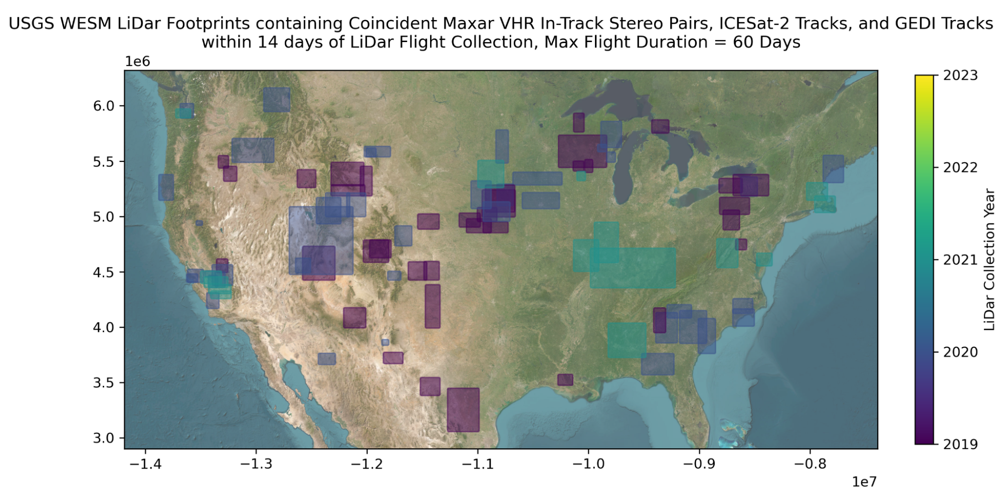 Map view of the United states with numerous rectangular blocks of varying colors. The color of the blocks correspond to a gradient bar on the right colored from yellow to purple. Yellow corresponds to 2023 data and 2019 is the deepest shade of purple.  