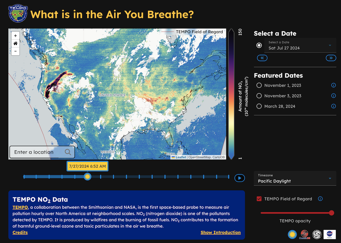 A map of North America with a colorful overlay that represents the amount of NO2 detected in a particular location on the map. The Data Story interface includes radio buttons that allow the user to select any available date, or one of 3 Featured Dates. A time slider allows the user to scrub through available times for a selected date.