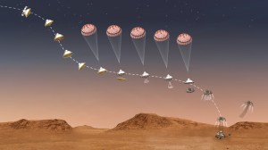 A drawing of the Martian landscape shows the progression of the Perseverance rover's landing step-by-step. Multiple images of the rover begin at upper left, curve to the image center where the rover now has an open parachute and levels off somewhat, then curves downward without the parachute, firing retro rockets and finally being lowered to the surface via tethers extending below the descent stage. That leaves the rover on the surface at lower right, and flies away on its own toward the right edge of the frame.