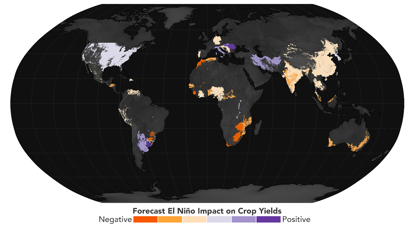 El Niño’s disruption of rainfall patterns can affect crop yields. This map shows the projected impacts of the 2023 El Niño on key commodity crops.