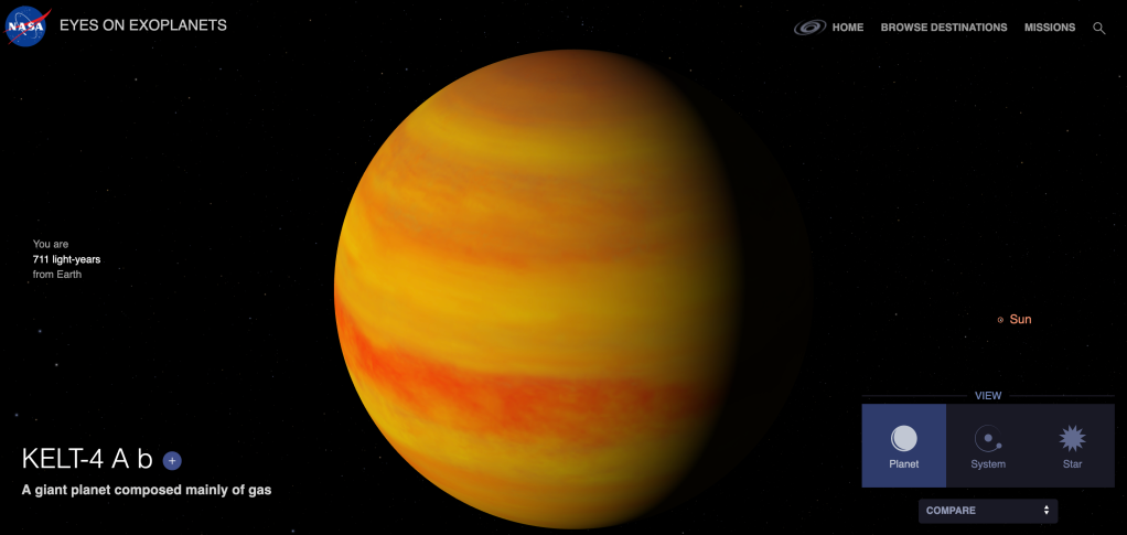 Screenshot of the Eyes on Exoplanets interactive showing an orange gas giant planet KELT-4 A b.