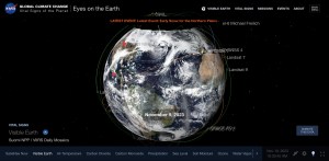 Simulation of the Earth showing the orbits of all the Earth Science satellites crisscrossing the globe.