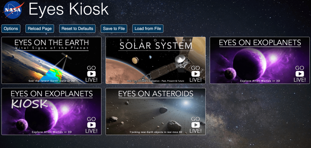 Screenshot of NASA's Eyes showing a variety of kiosk modes.