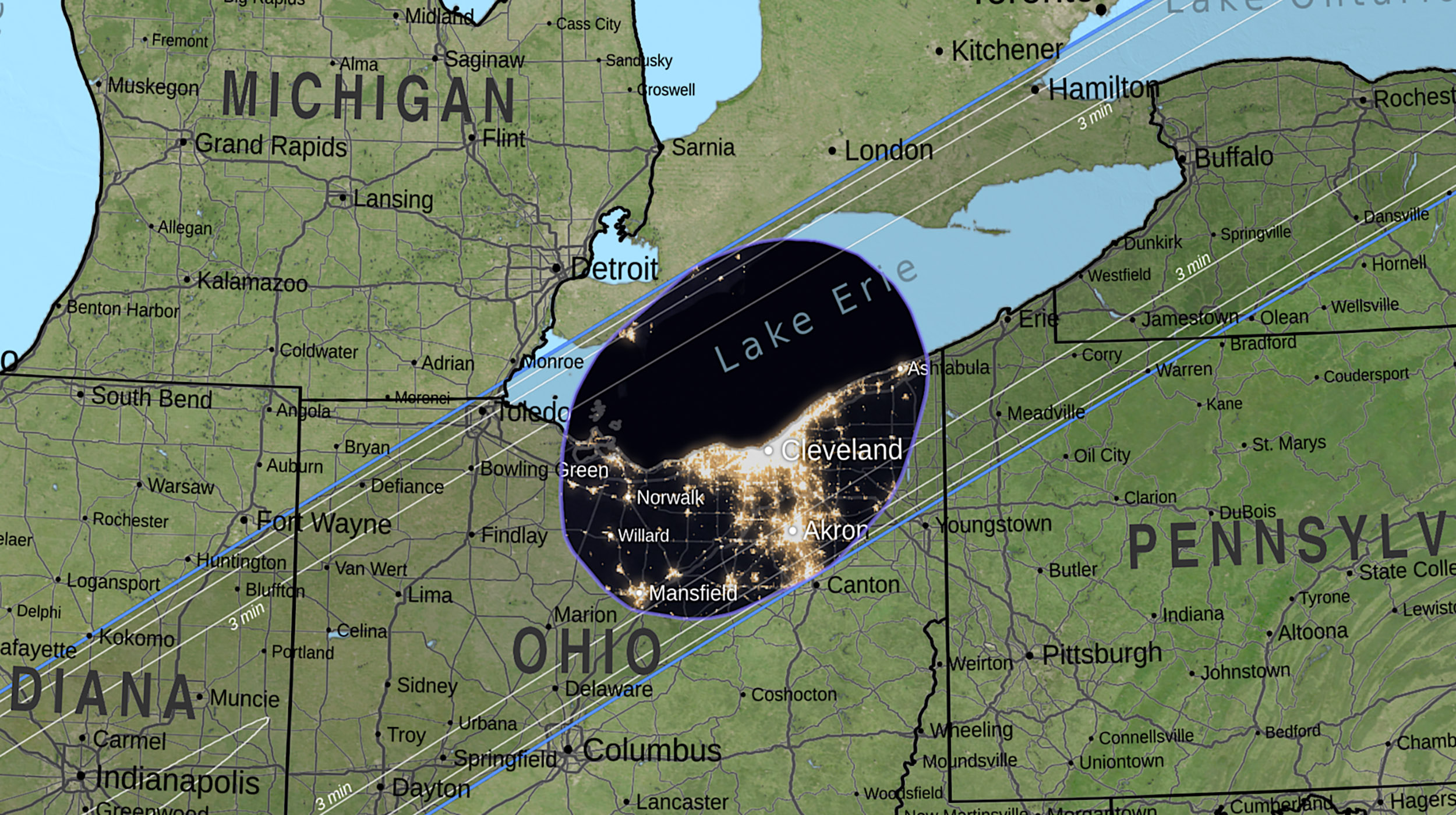 A map showing the umbra (the Moon’s central shadow) as it passes over Cleveland at 3:15 p.m. local time during the April 8, 2024, total solar eclipse.