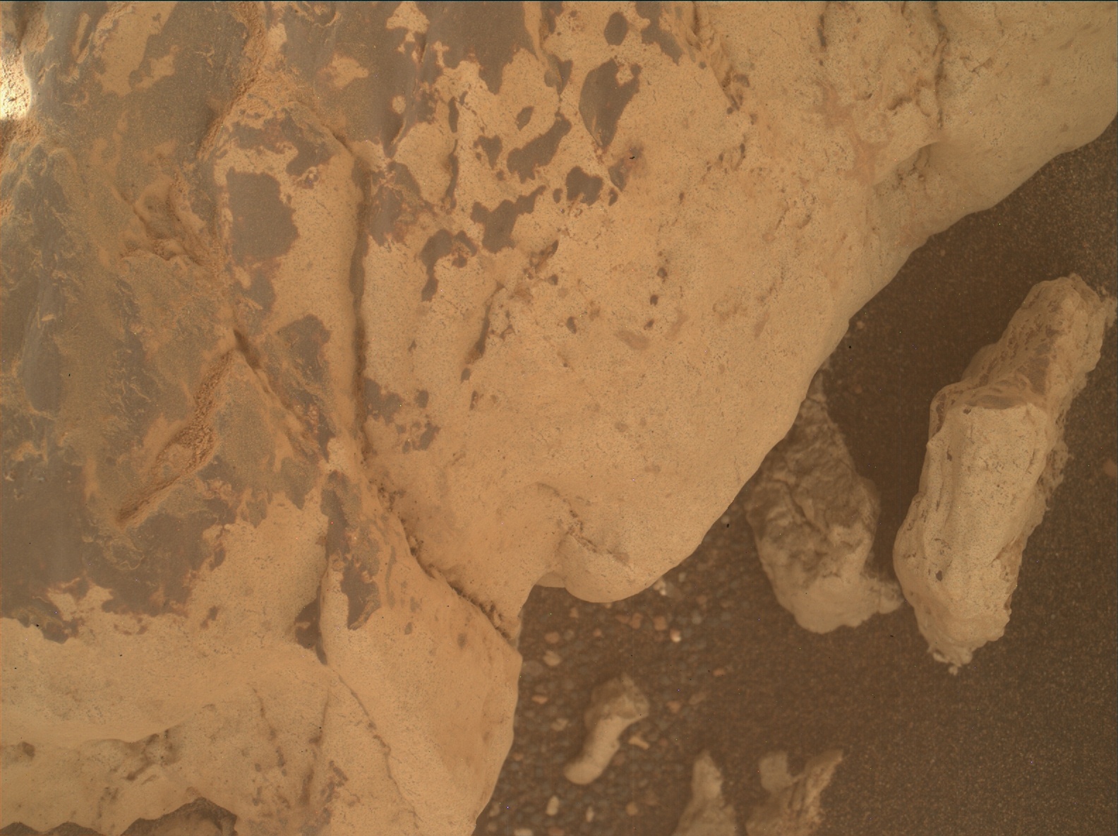 A close-up image of Martian surface terrain, showing areas of soil in orange-tan, pale orange, and brown.