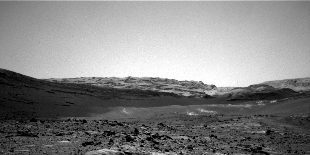 A grayscale panorama of the Martian surface showing terrain covered in many small rocks in the foreground. The middle ground consists of smooth dunes, curving from a low point in the center of the image, upward toward the left and right edges of the frame. In the background, another hill at center, with uneven ground that looks like the top of a frosted chocolate cake.
