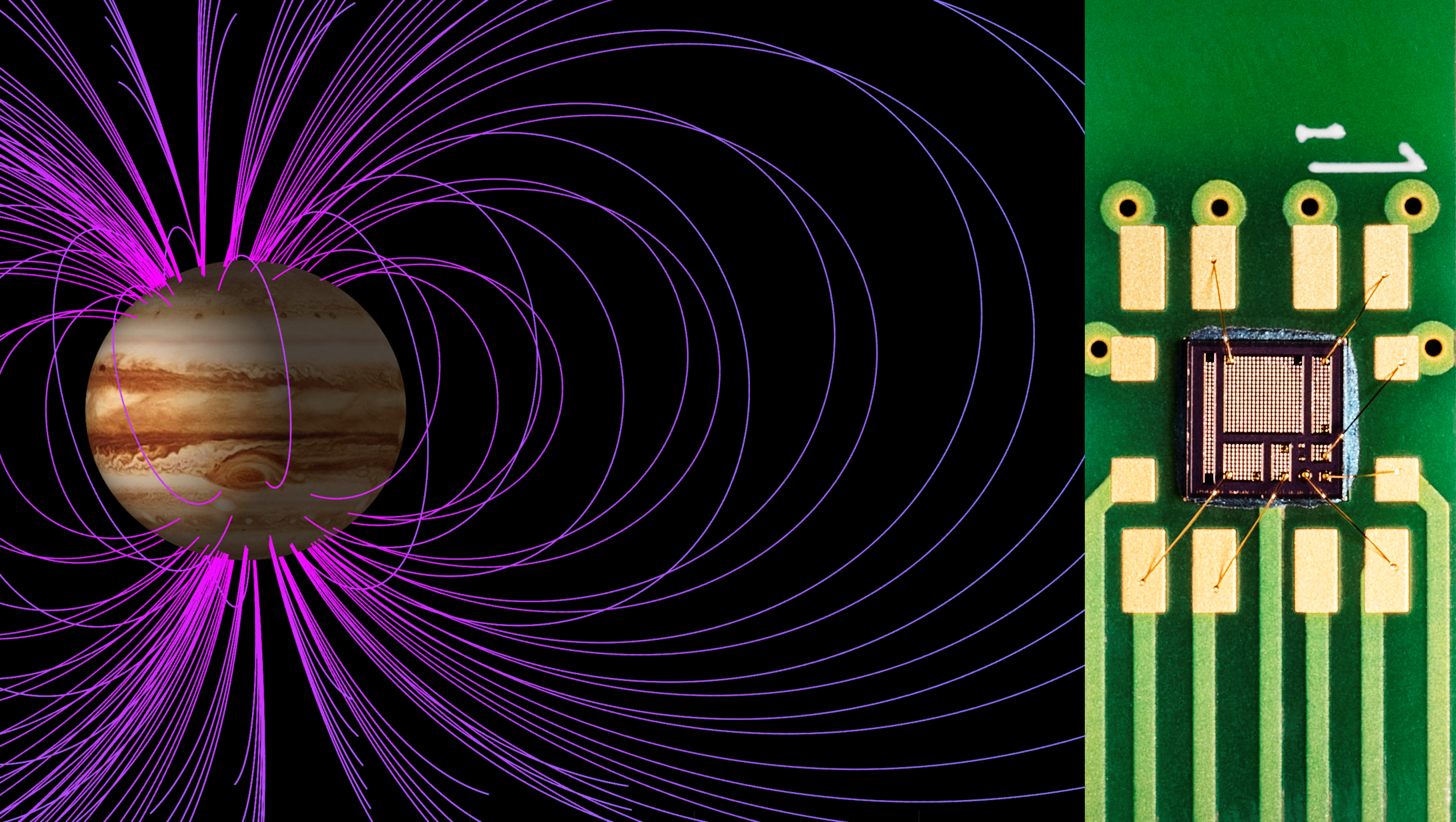 An image of Jupiter is on the left, with purple magnetic field lines emanating from one pole of the planet, curving out into space, and ending at the other pole. The right image is a square magnetic field sensor mounted on top of a green printed circuit board (PCB) with gold leads, which allows for electrical connectivity with the sensor.