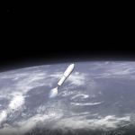 A white rocket moves above Earth.