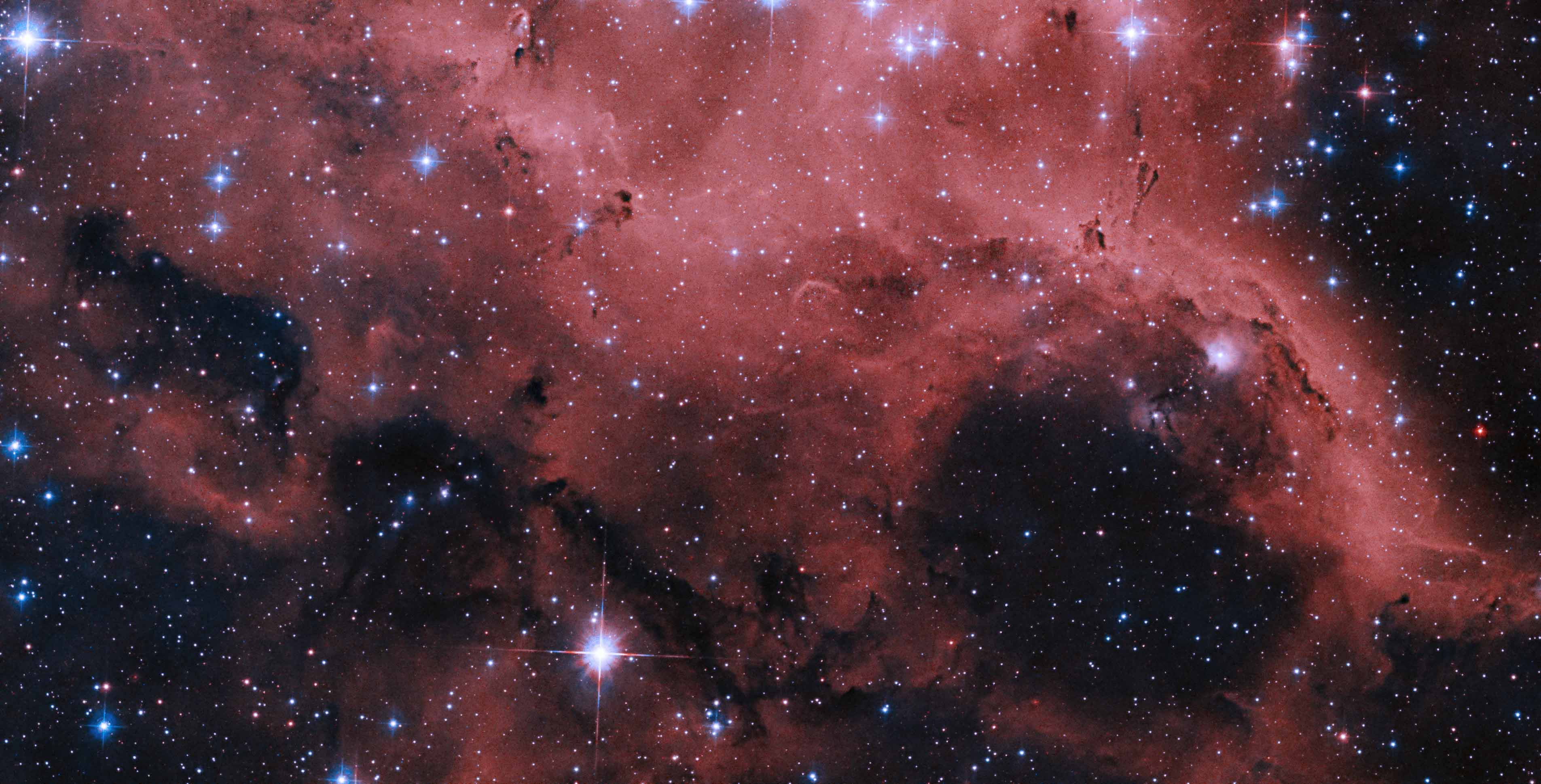 Glowing clouds of pink and red gas and dust fill the image, along with several stars – foreground stars shine with diffraction spikes, and more distant stars fill the background.