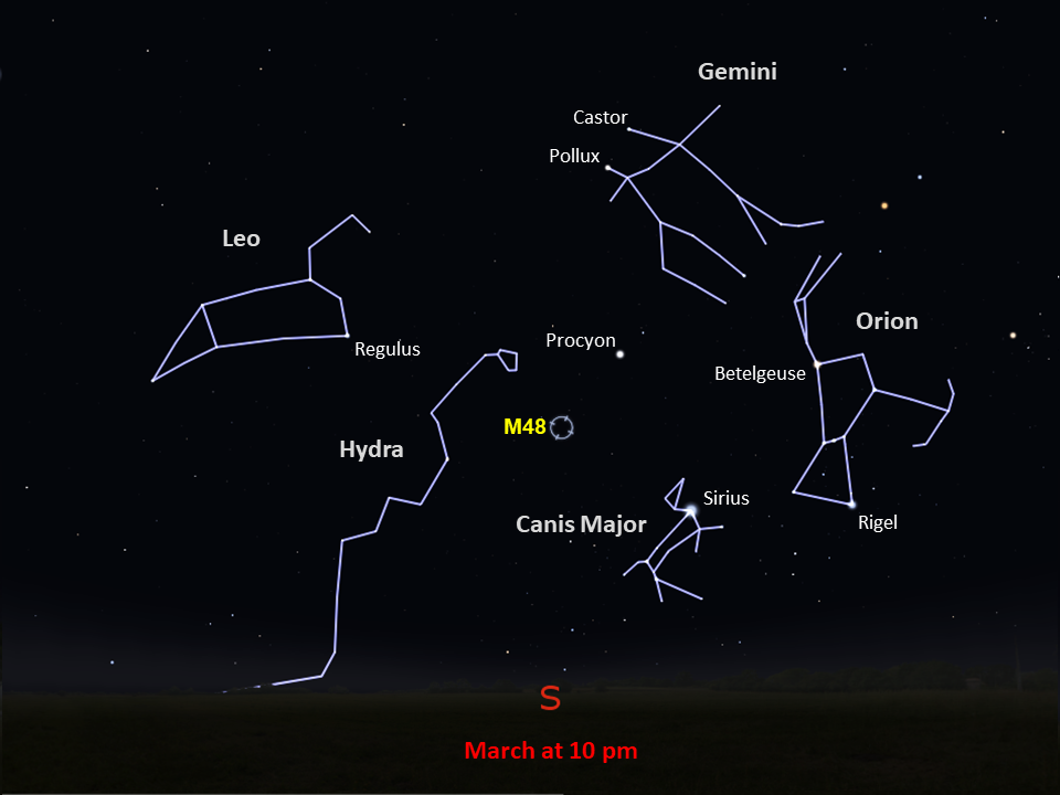 Star chart showing the constellation outlines and the location of Messier 48.