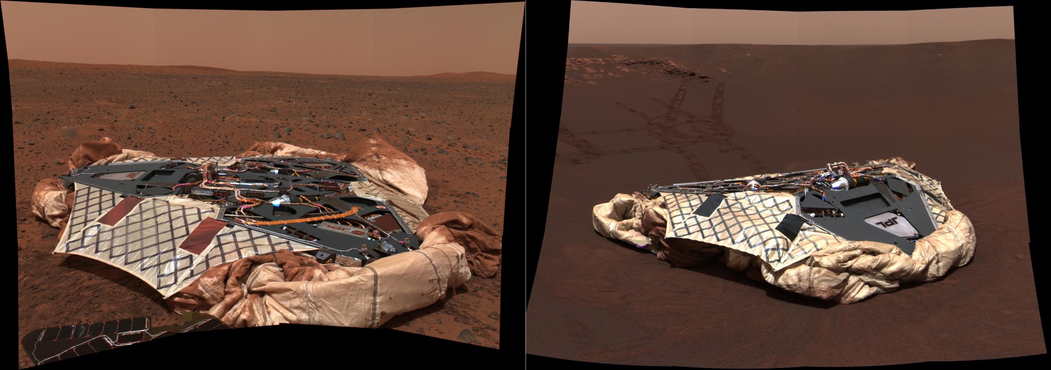 The image combines side-by-side photographs of the landers that delivered Mars rovers to the surface. Each half is a photograph of a barren Martian landscape of brownish orange terrain and pale tan sky. At center is a spacecraft, consisting of a platform flat on the ground, surrounded by a triangle of deflated airbags.