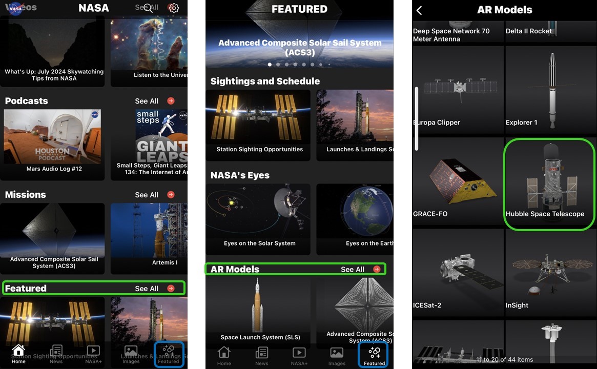 Screenshots from the NASA App.