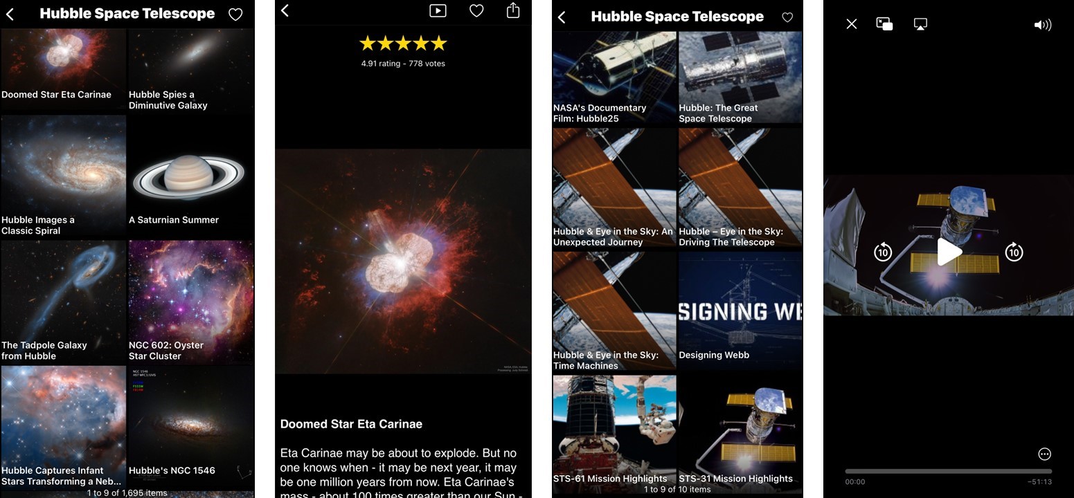 Screenshots from the NASA App.