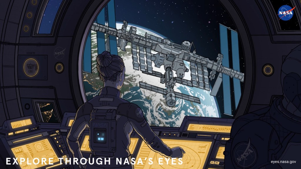 An illustration of a woman piloting a spaceship looking out at the International Space Station.