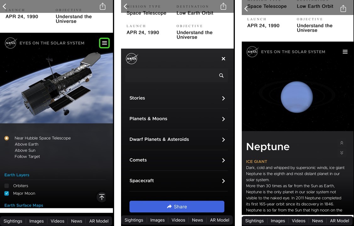 Screenshots from the NASA App.