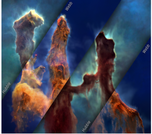 Side-by-side images of the Pillars of Creation from Hubble (left) and Webb (right). In the visible view from Hubble, the pillars appear thick, dusty, and brown with yellow streamers along their edges. The background of this Hubble image is like a sunrise, beginning in yellows at the bottom, before transitioning to light green and deeper blues at the top. In Webb's near-infrared view, the pillars appear brighter in orange and yellowish tones, with fainter blue streamers along the edges. The background in Webb’s image appears in blue hues with a many more stars than can be seen in visible light.