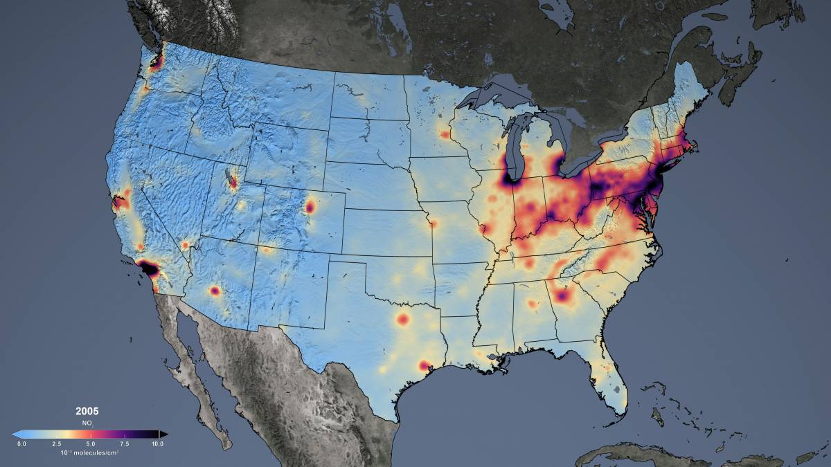 Aura OMI Annual-average NO2 for 2005 over the U.S.