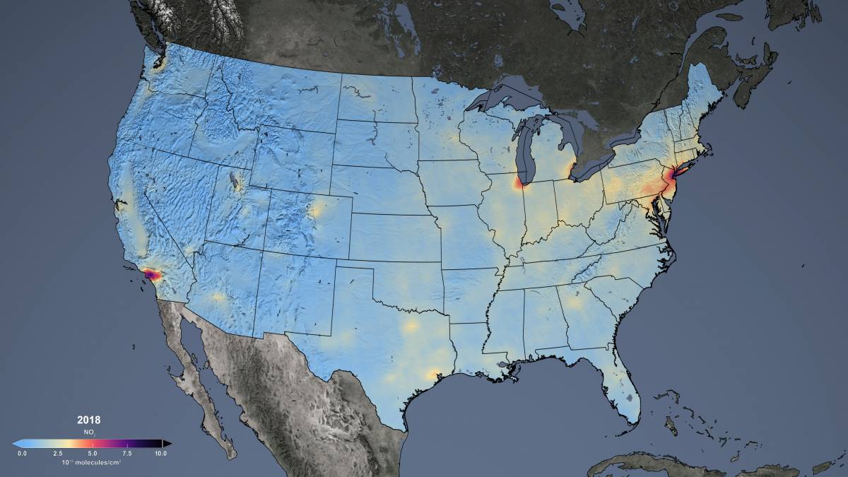 Aura OMI Annual-average NO2 for 2005 over the U.S.